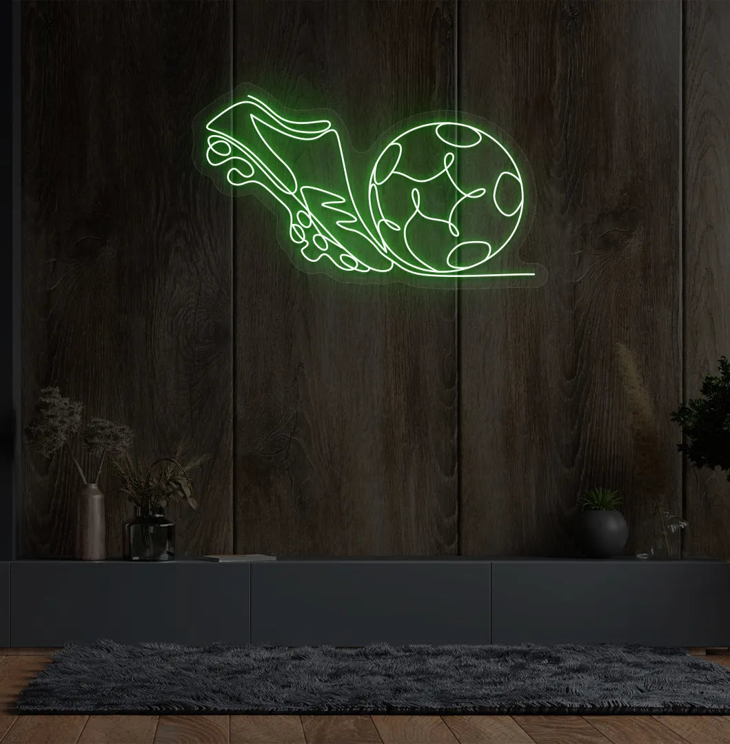 Stylish football with shoe neon sign mounted on aesthetic wall in green color.