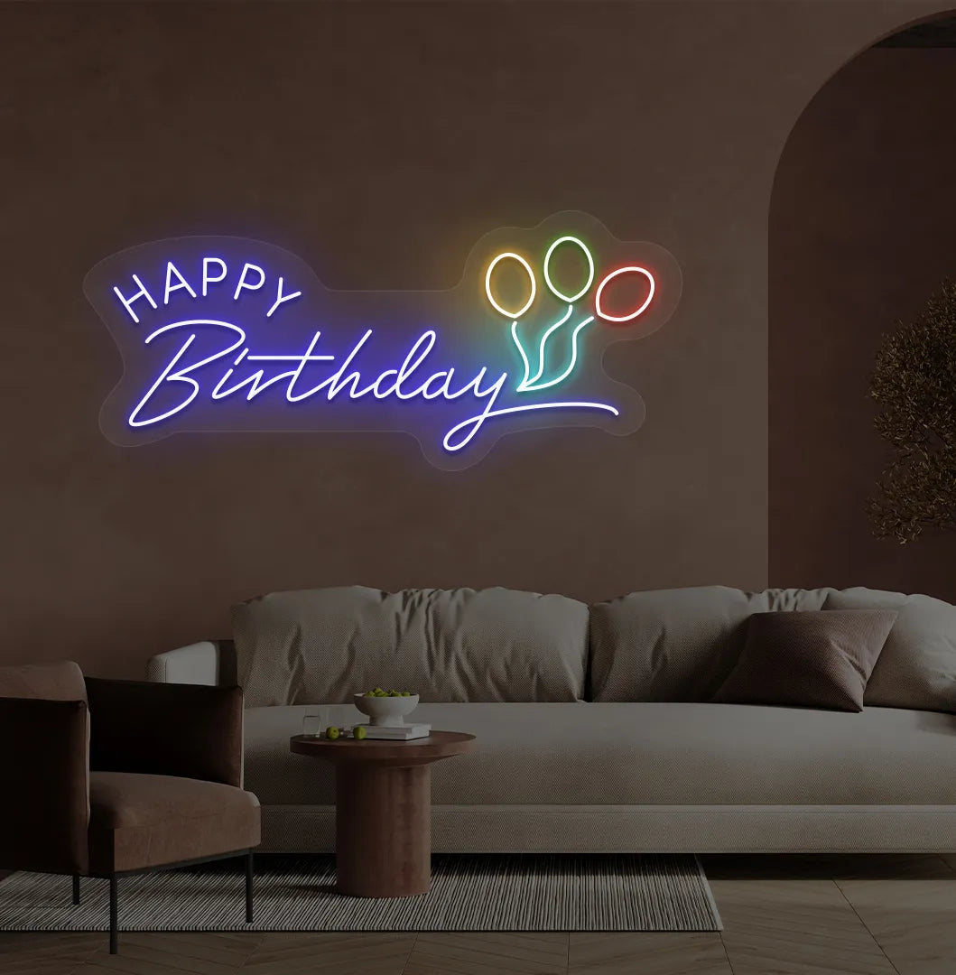 Stylish Happy Birthday LED neon sign glowing blue for celebration backdrop.