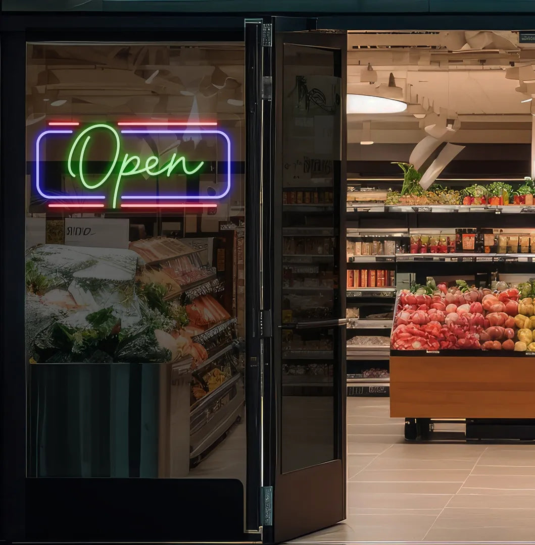 Modern open neon sign glowing green on supermarket entrance door. Perfect for supermarket entrances, retail stores, storefront doors, and commercial spaces.