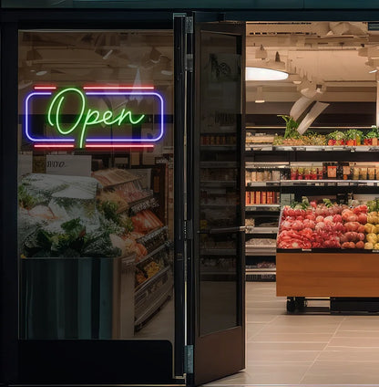 Modern open neon sign glowing green on supermarket entrance door. Perfect for supermarket entrances, retail stores, storefront doors, and commercial spaces.