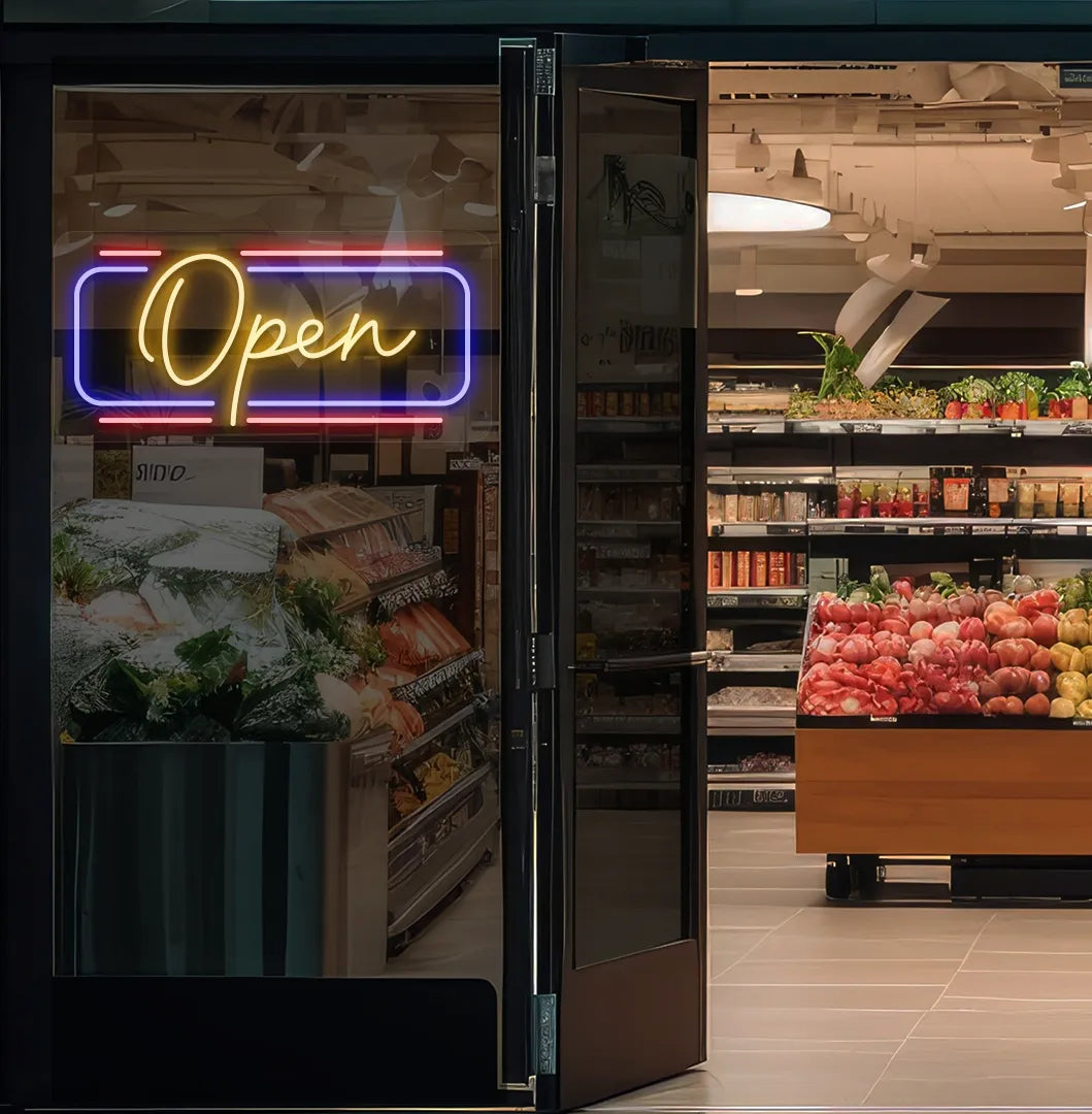 Modern open neon sign glowing orange on supermarket entrance door. Perfect for supermarket entrances, retail stores, storefront doors, and commercial spaces.
