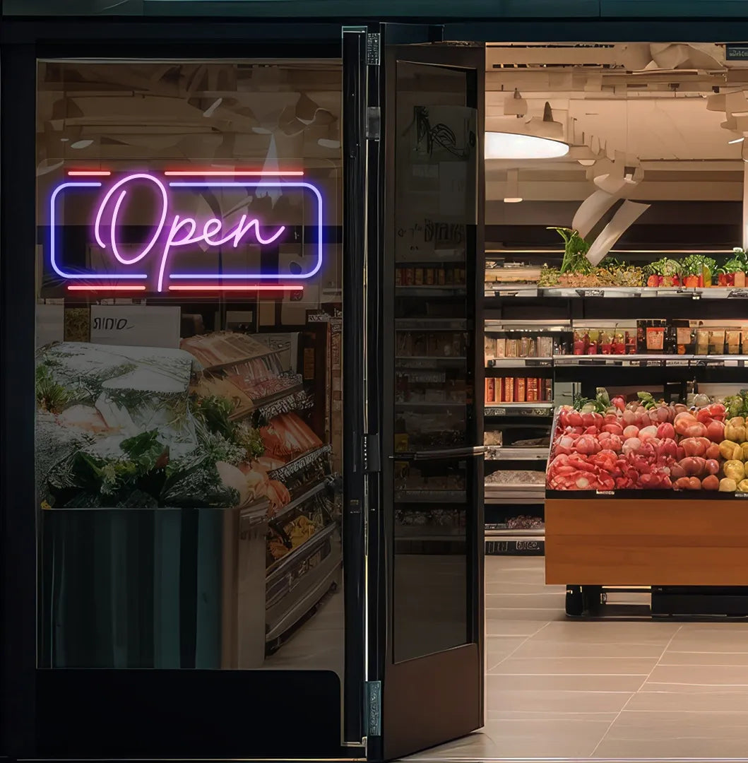 Modern open neon sign glowing purple on supermarket entrance door. Perfect for supermarket entrances, retail stores, storefront doors, and commercial spaces.