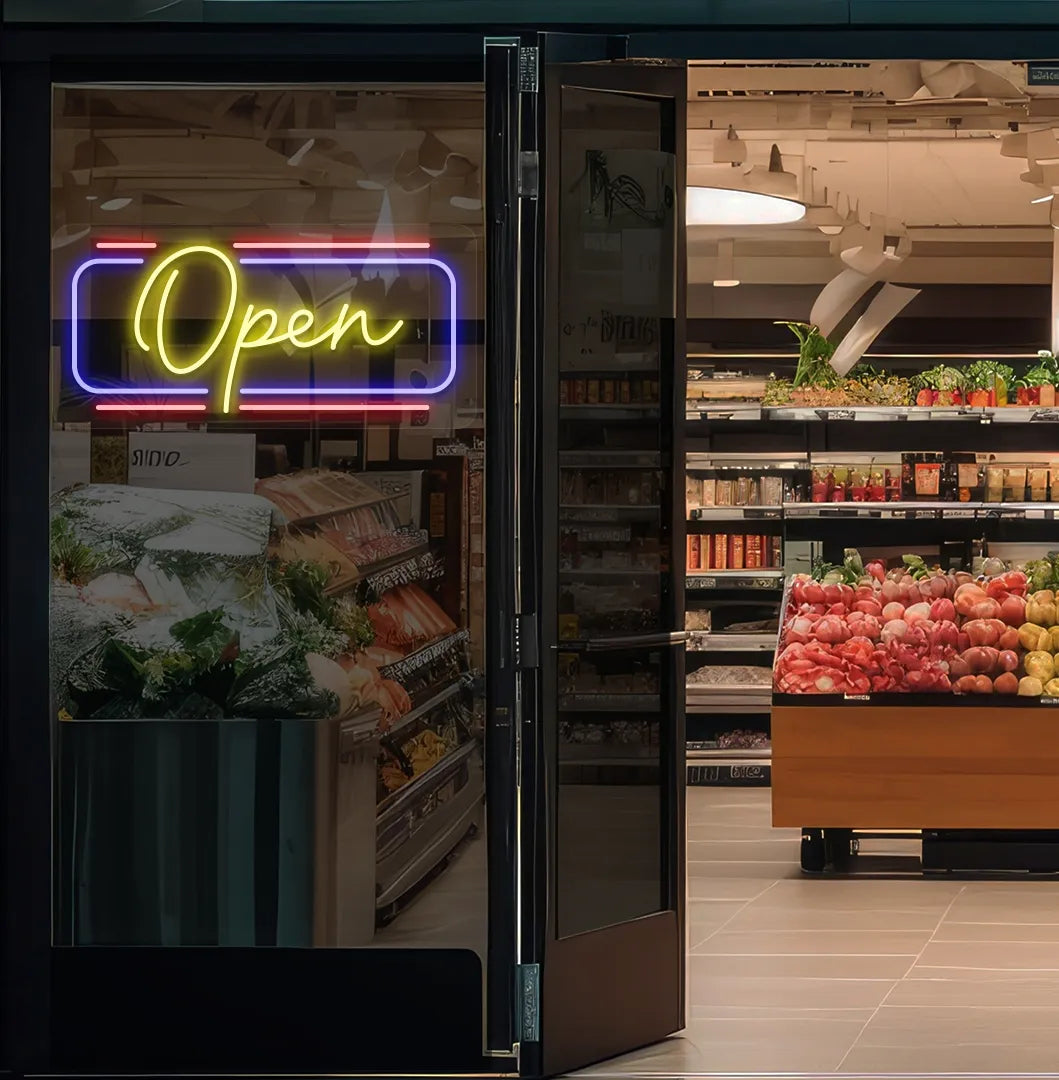 Modern open neon sign glowing yellow on supermarket entrance door. Perfect for supermarket entrances, retail stores, storefront doors, and commercial spaces.