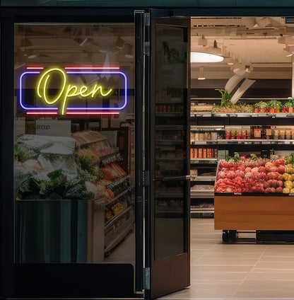 Modern open neon sign glowing yellow on supermarket entrance door. Perfect for supermarket entrances, retail stores, storefront doors, and commercial spaces.