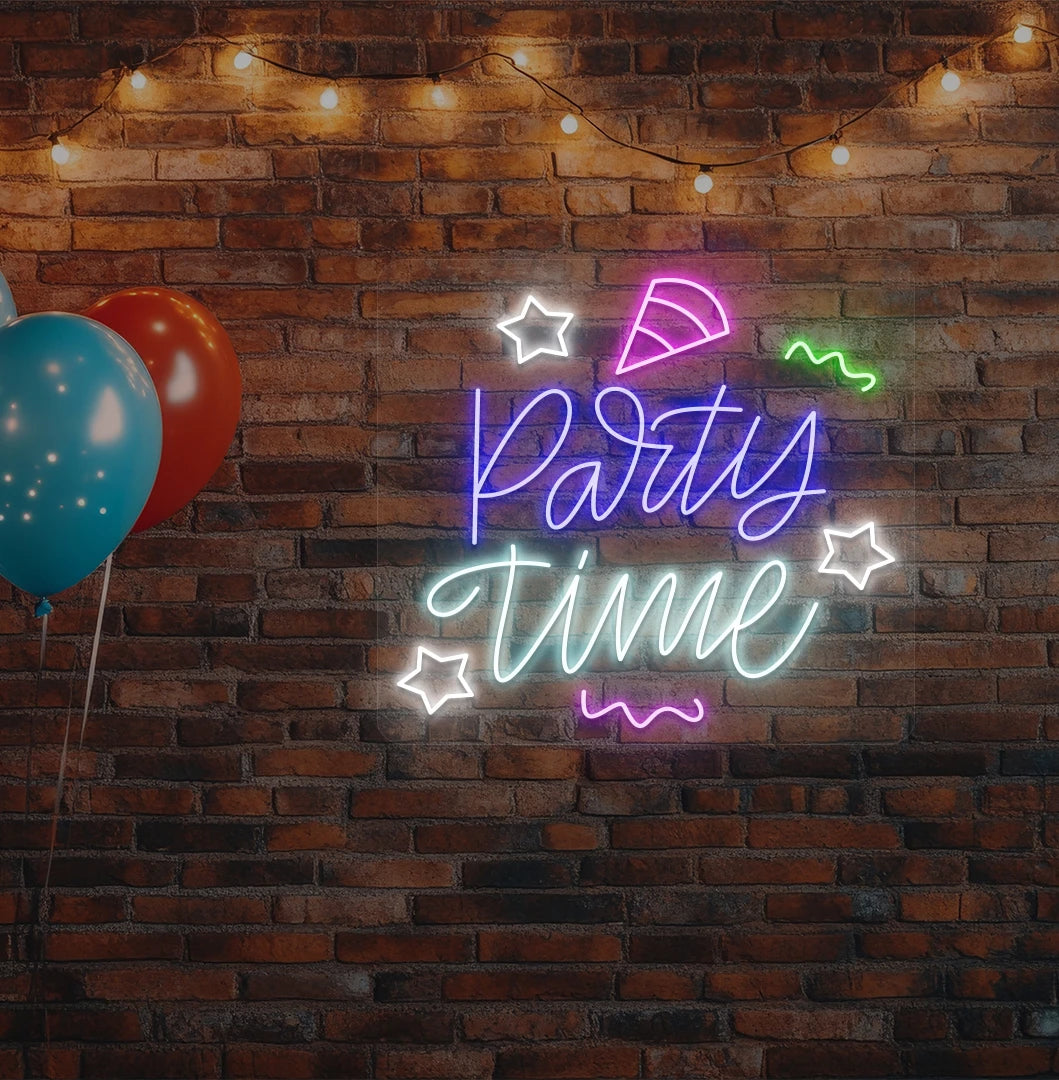 Image of a stylish party time neon sign hanging on wall in blue color.