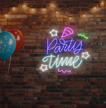 Image of a stylish party time neon sign hanging on wall in blue color.
