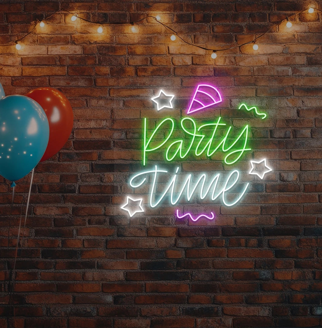 Stylish party time neon sign glowing green on aesthetic wall.
