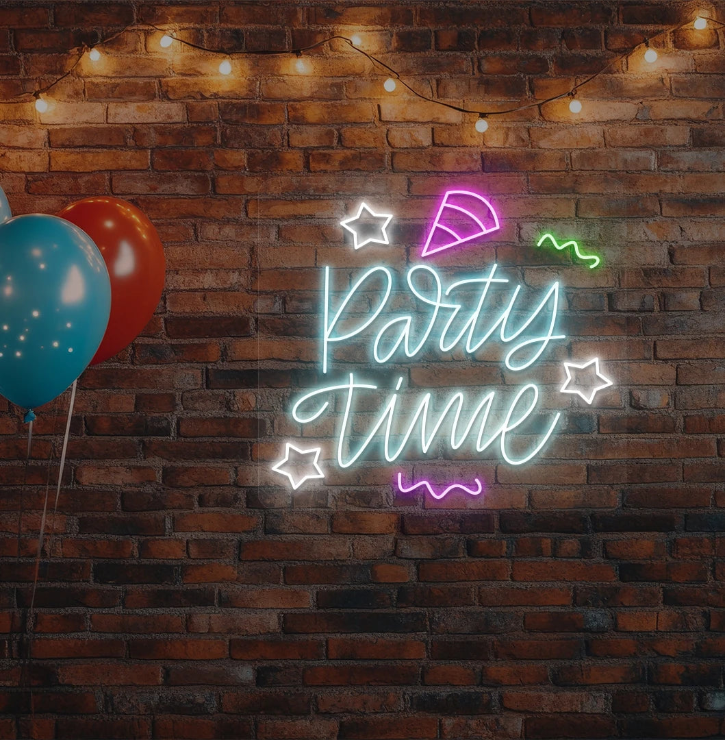 Image of a stylish party time neon sign hanging on wall in ice blue color.
