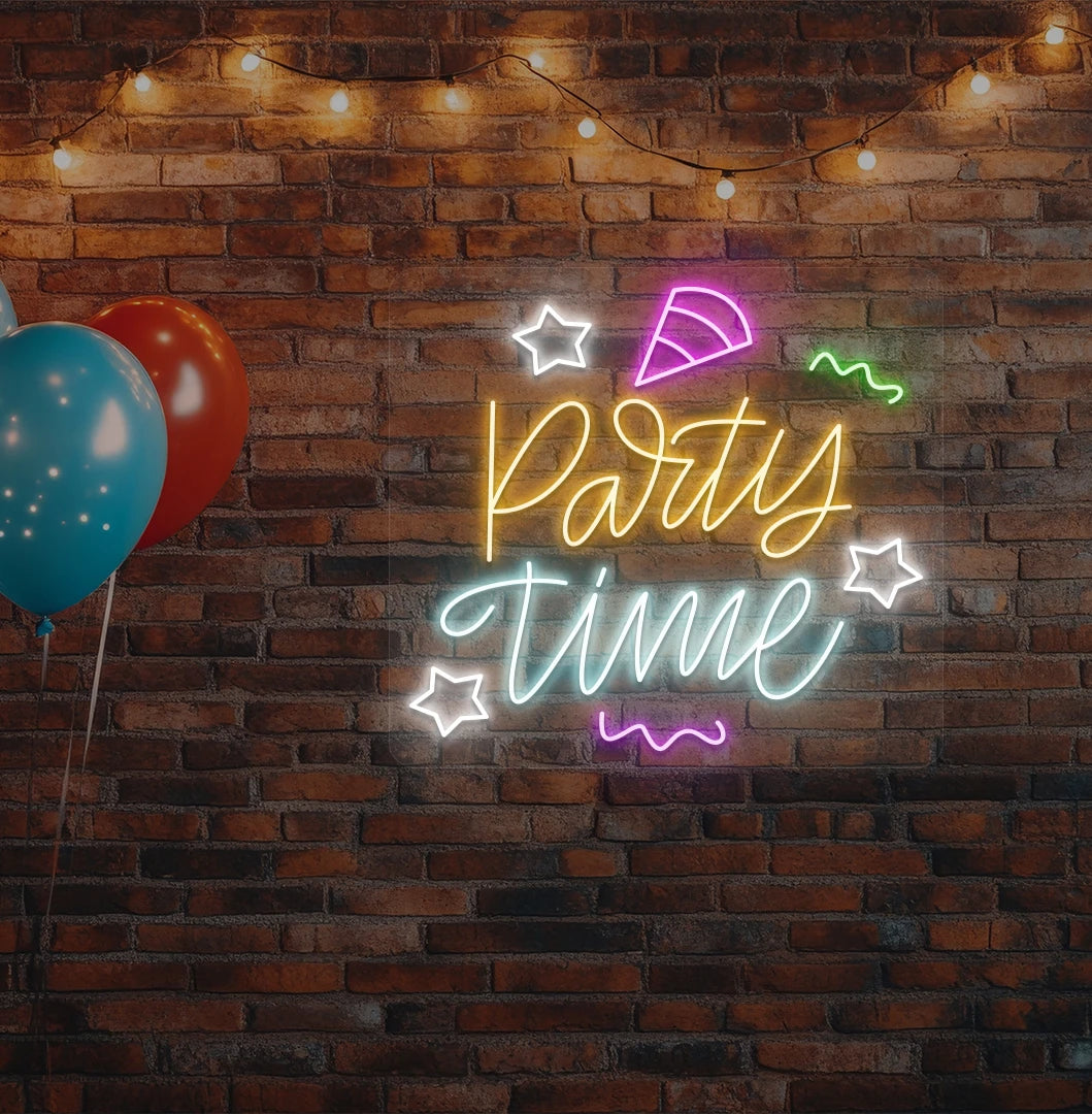 Stylish party time neon sign glowing orange on aesthetic wall.