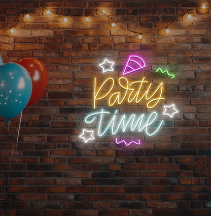 Stylish party time neon sign glowing orange on aesthetic wall.