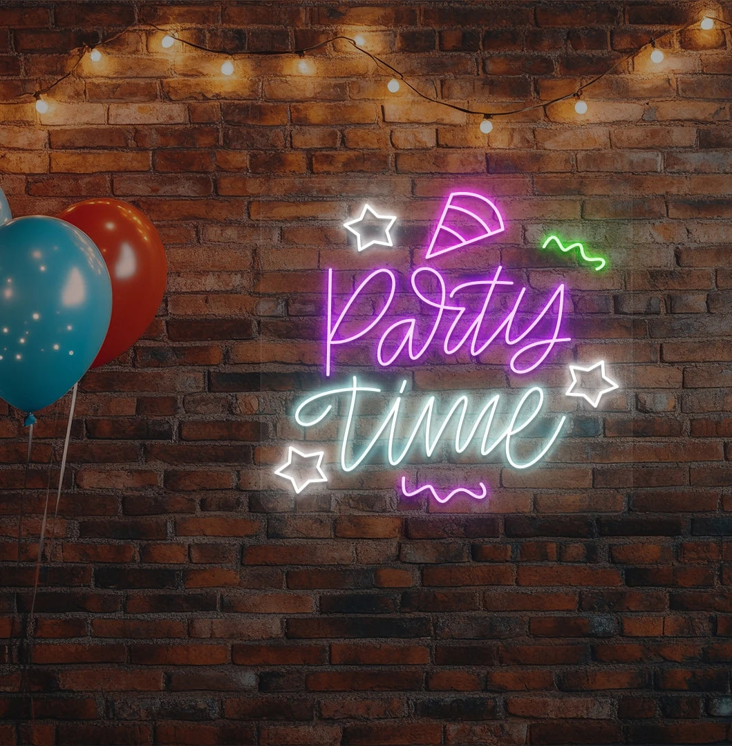 Stylish party time neon sign glowing purple on aesthetic wall.