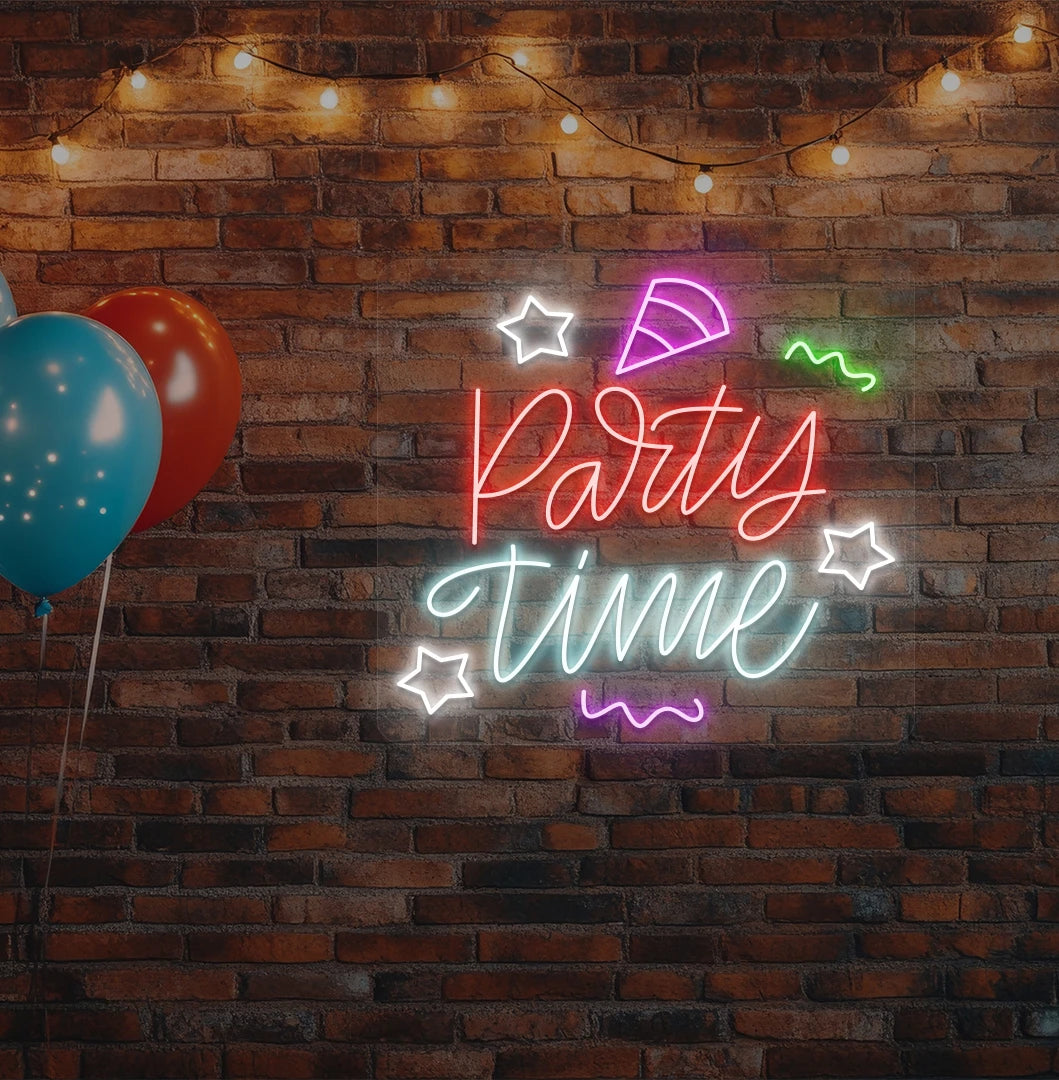 Image of a stylish party time neon sign hanging on wall in red color.