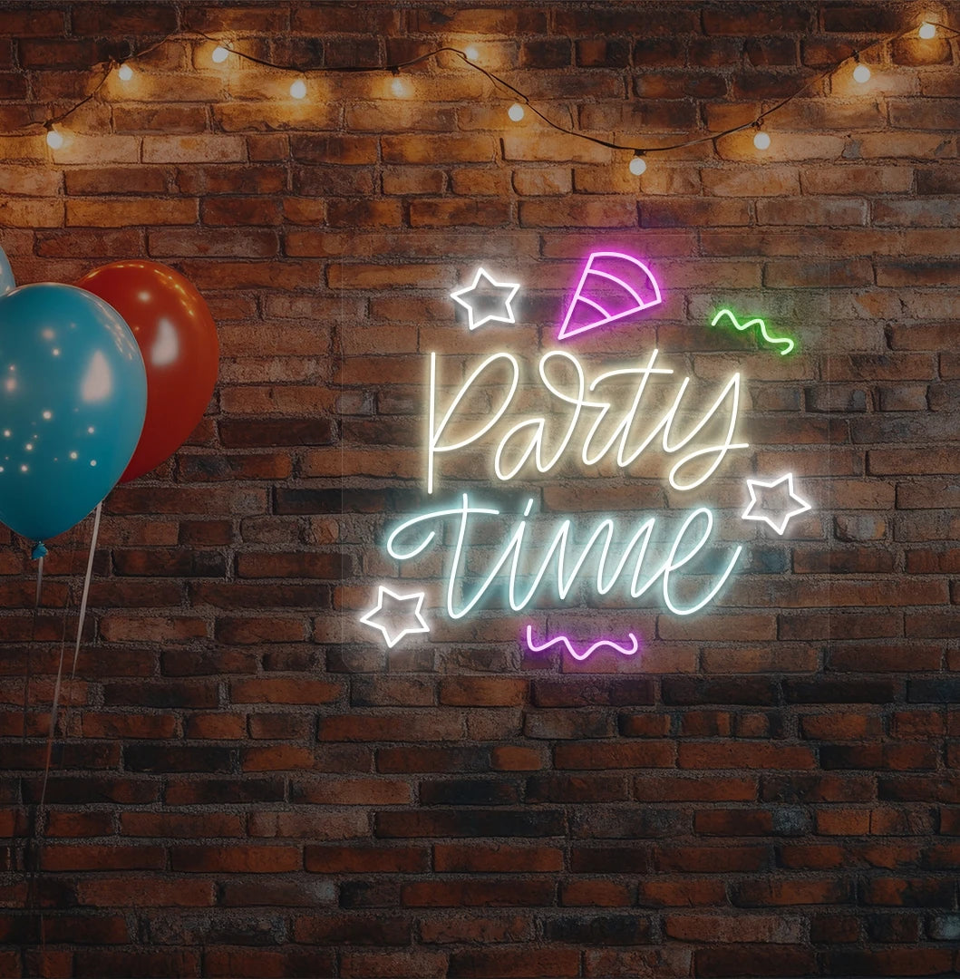 Stylish party time neon sign glowing warm white on aesthetic wall.
