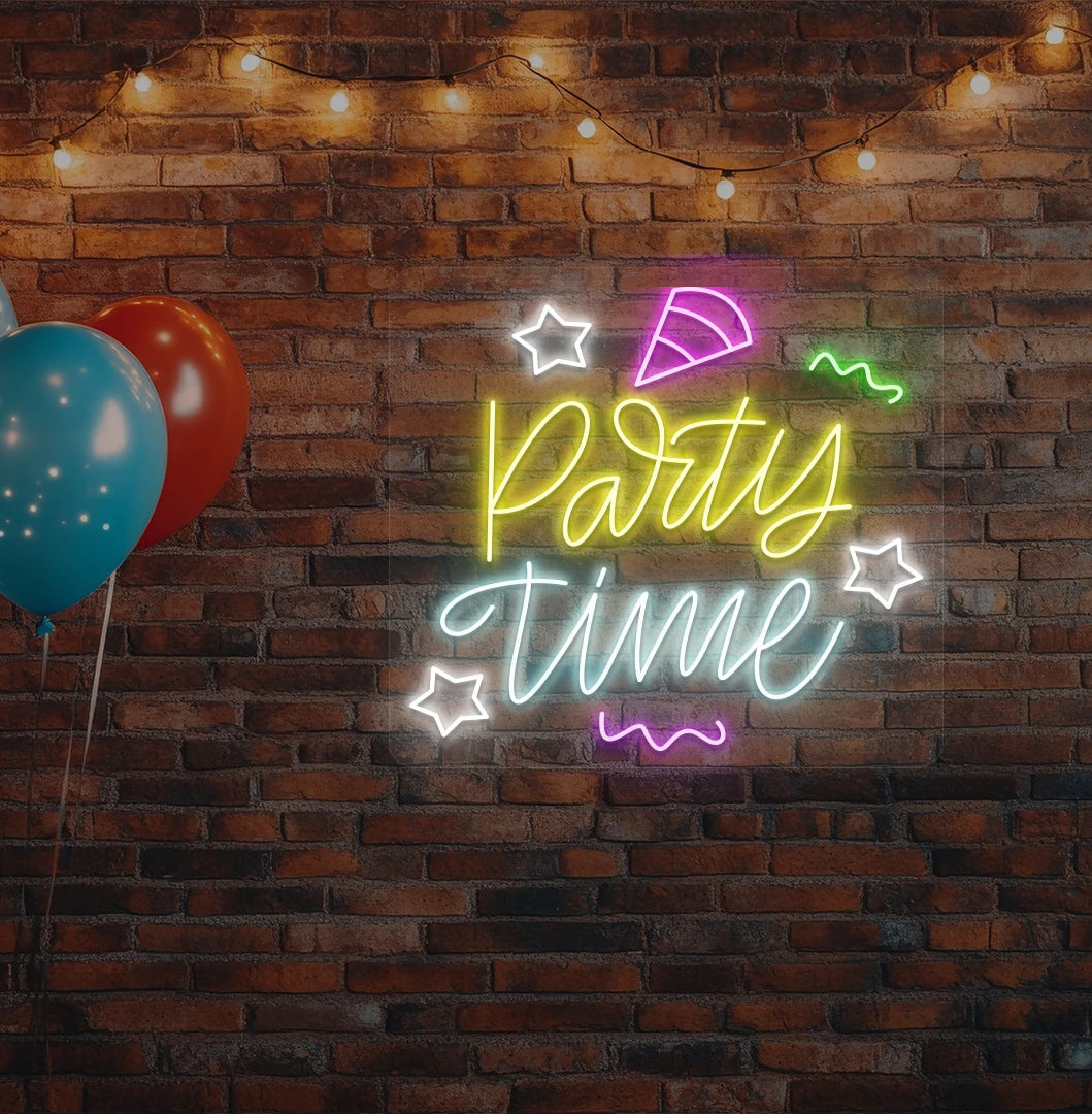 Stylish party time neon sign glowing yellow on aesthetic wall.
