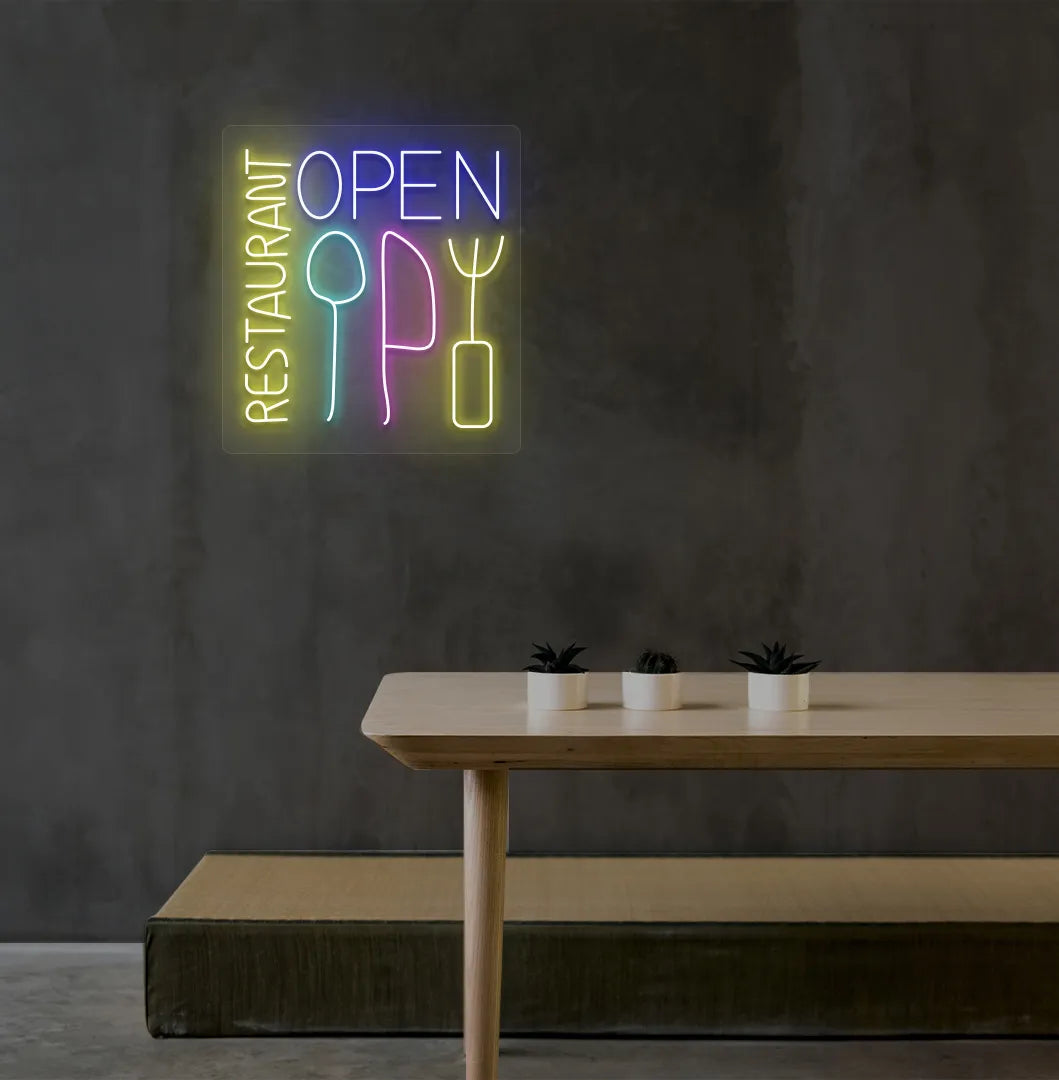 Restaurant interior wall with stylish restaurant open neon sign glowing blue.