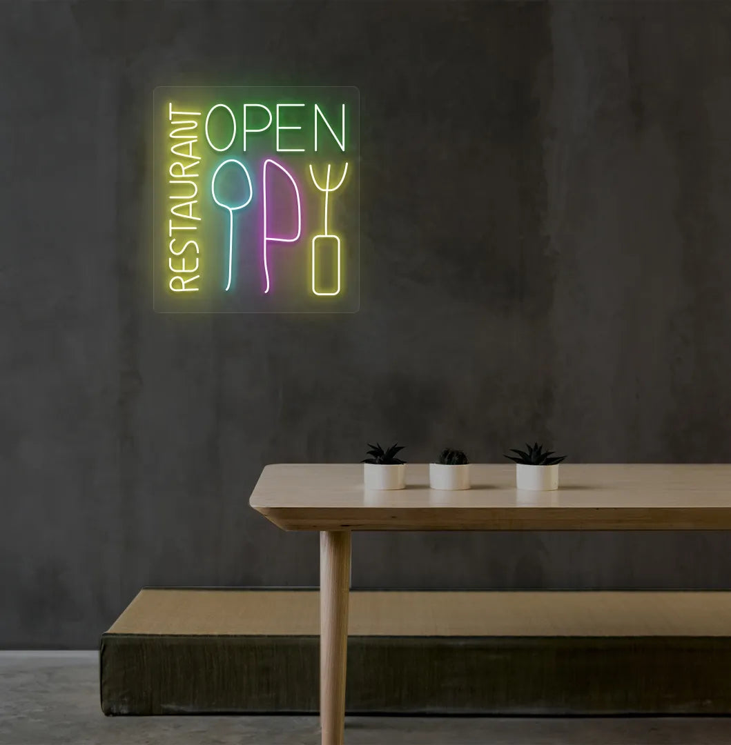 Image of a modern restaurant wall with stylish restaurant open neon sign glowing green.