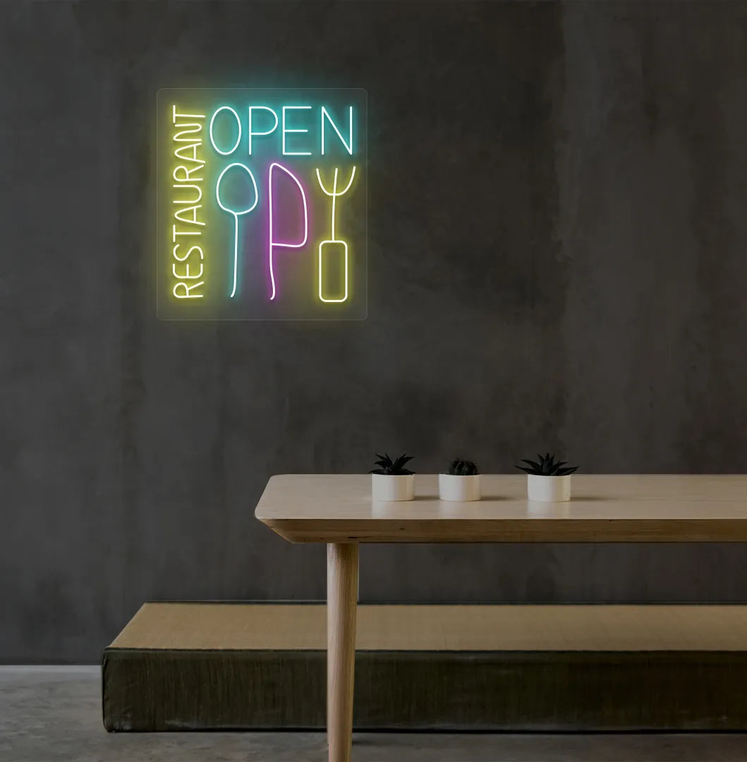 Restaurant interior wall with stylish restaurant open neon sign glowing ice blue.