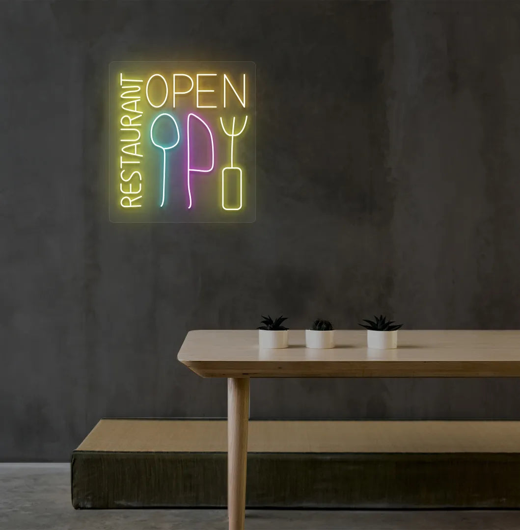 Image of a modern restaurant wall with stylish restaurant open neon sign glowing orange.