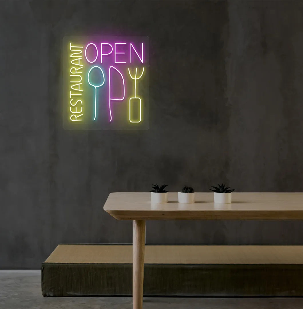 Restaurant interior wall with stylish restaurant open neon sign glowing pink.