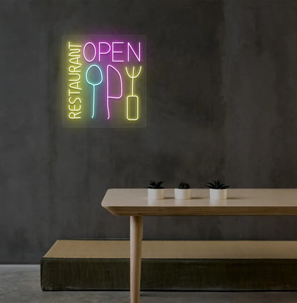 Restaurant interior wall with stylish restaurant open neon sign glowing pink.