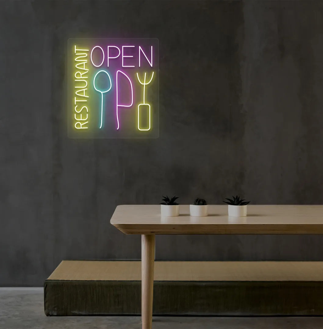 Image of a modern restaurant wall with stylish restaurant open neon sign glowing purple.