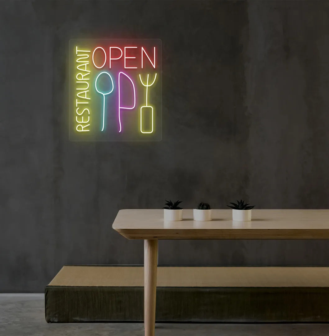 Restaurant interior wall with stylish restaurant open neon sign glowing red.