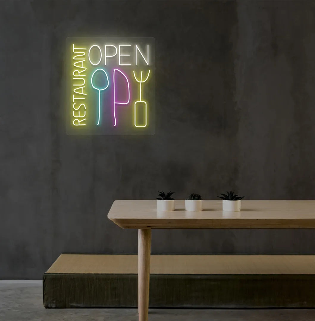 Image of a modern restaurant wall with stylish restaurant open neon sign glowing warm white.