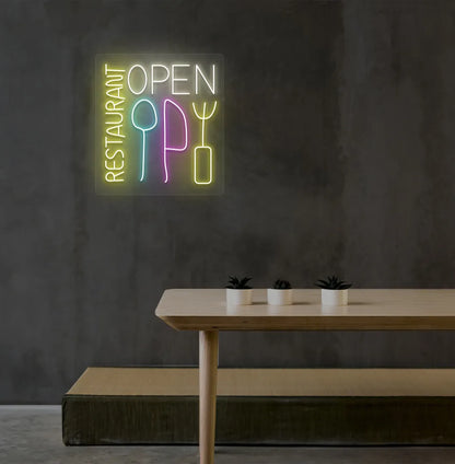 Image of a modern restaurant wall with stylish restaurant open neon sign glowing warm white.