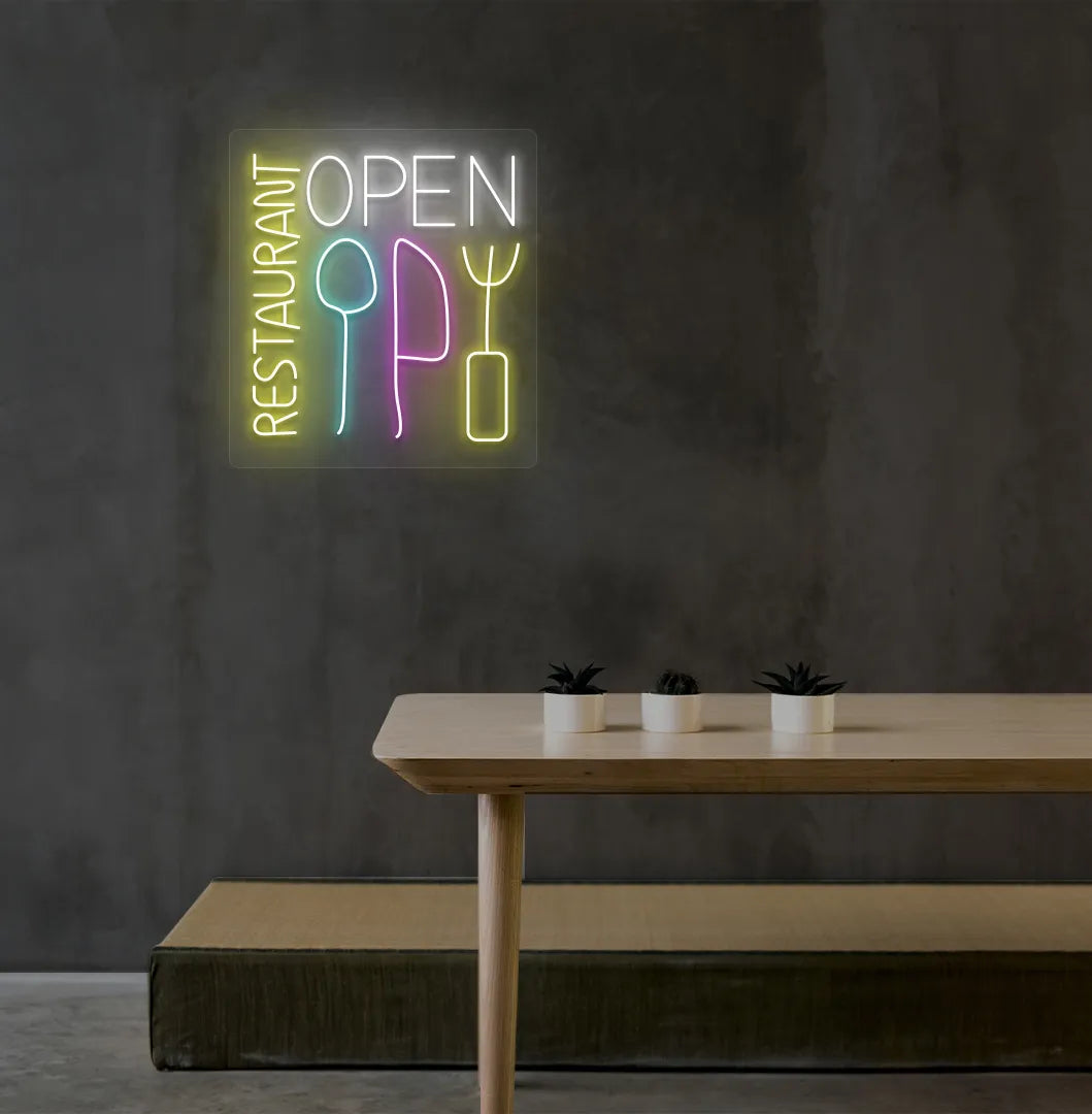 Restaurant interior wall with stylish restaurant open neon sign glowing white.