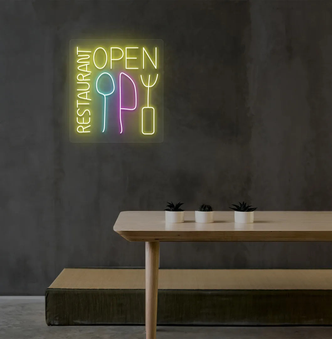 Image of a modern restaurant wall with stylish restaurant open neon sign glowing yellow.