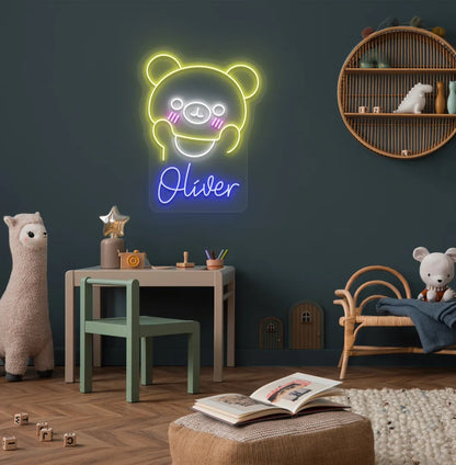 Bright blue Teddy Bear Nursery Name neon sign for baby room decoration.