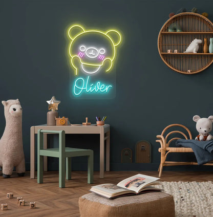 Bright ice blue Teddy Bear Nursery Name neon sign for baby room decoration.