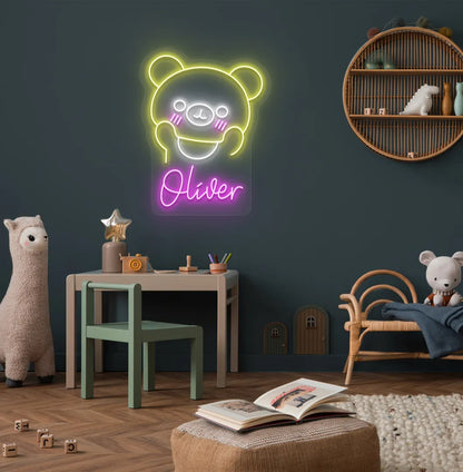Bright pink Teddy Bear Nursery Name neon sign for baby room decoration.
