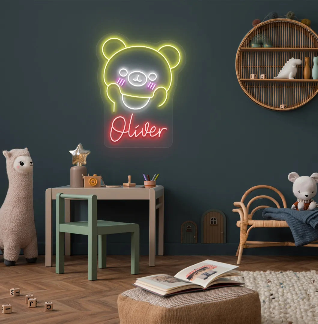 Bright red Teddy Bear Nursery Name neon sign for baby room decoration.