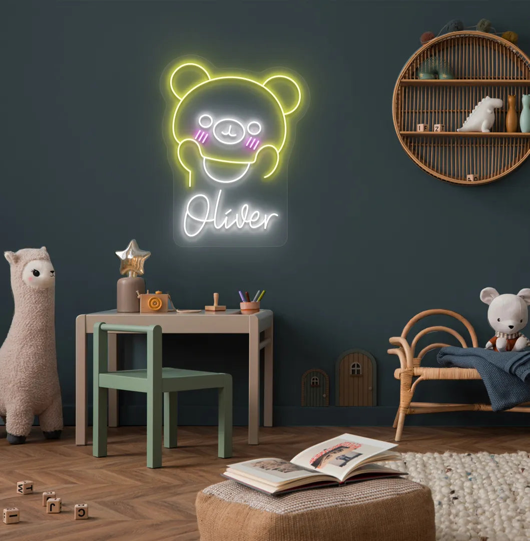 Bright white Teddy Bear Nursery Name neon sign for baby room decoration.