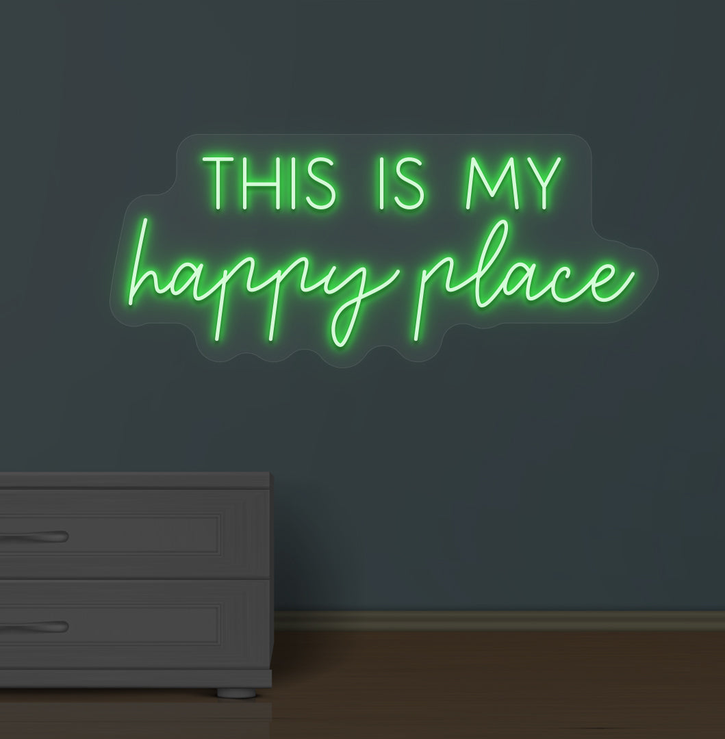 Stylish green LED this is my happy place neon sign mounted on wall.