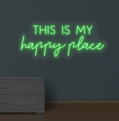 Stylish green LED this is my happy place neon sign mounted on wall.
