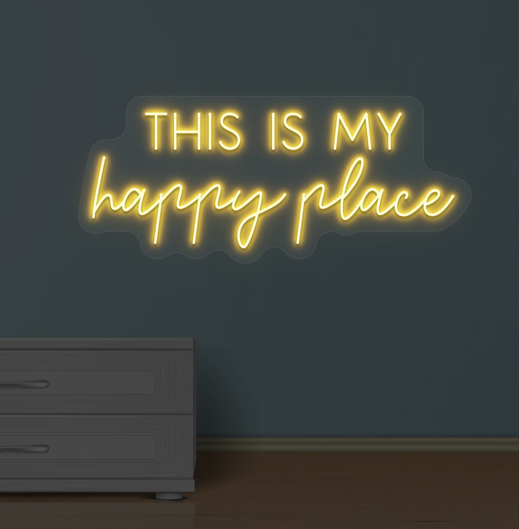 Stylish orange LED this is my happy place neon sign mounted on wall.