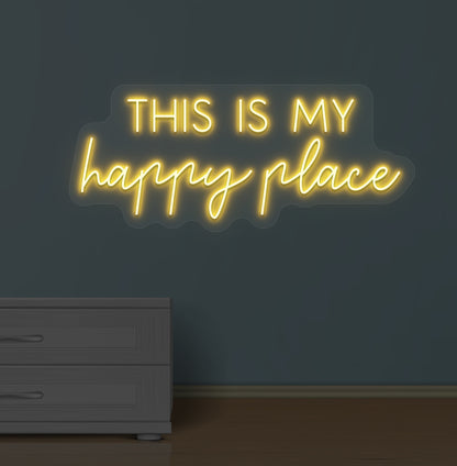 Stylish orange LED this is my happy place neon sign mounted on wall.
