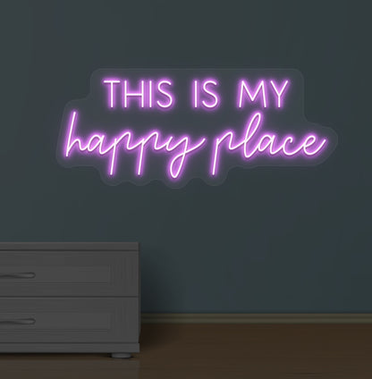 Stylish purple LED this is my happy place neon sign mounted on wall.