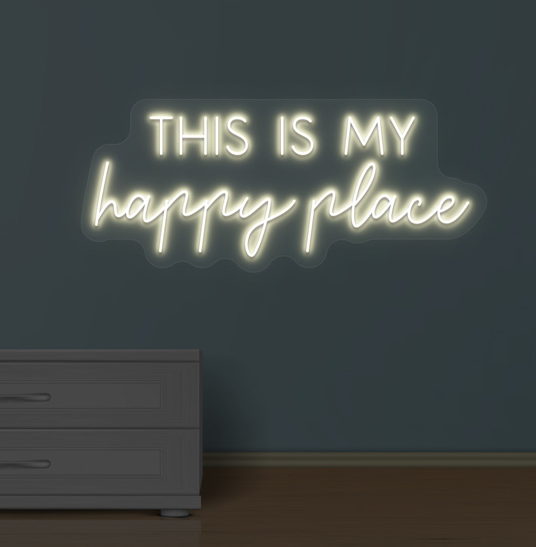 Stylish warm white LED this is my happy place neon sign mounted on wall.