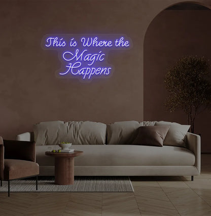 Image of a "This is where the magic happens" neon sign in blue color on salon wall decor.