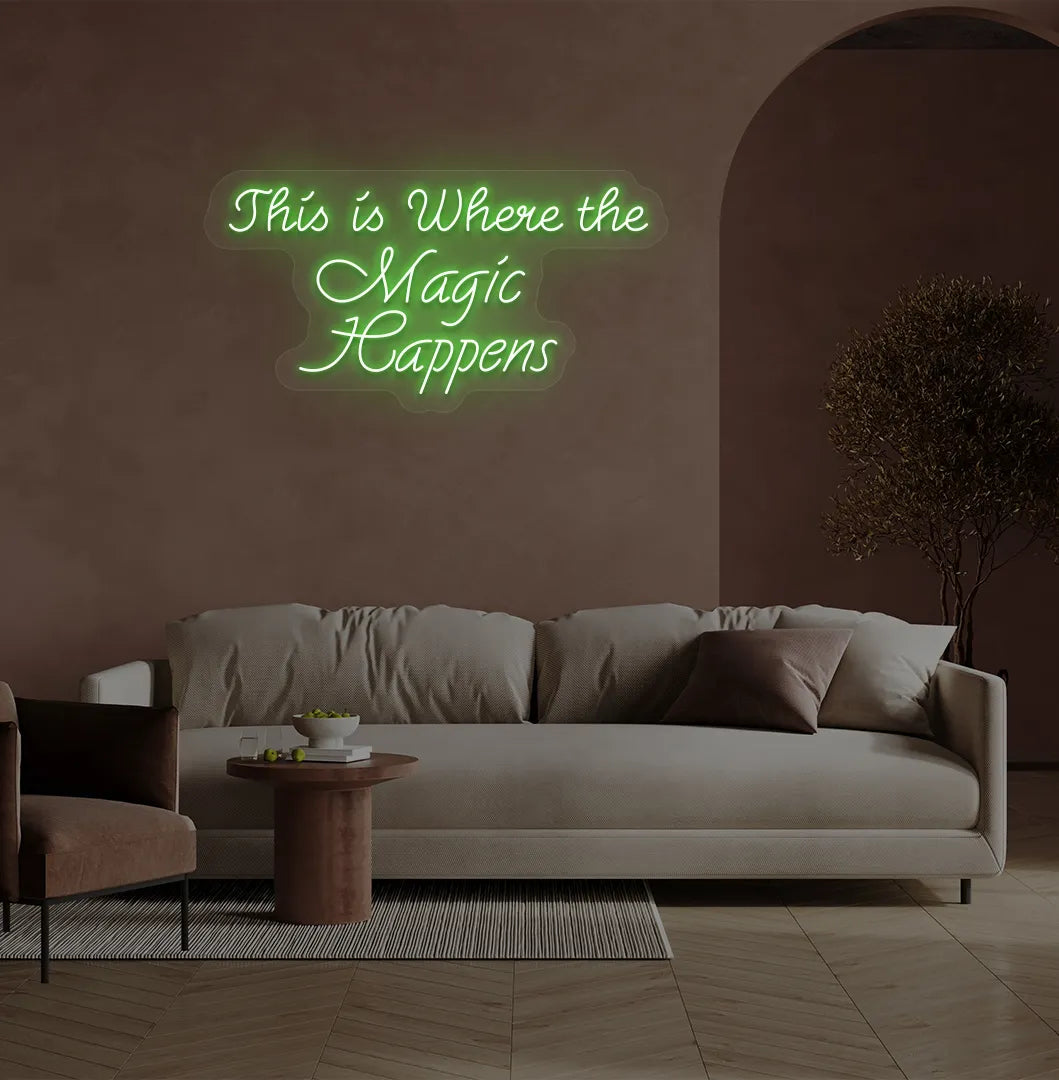 Green "this is where the magic happens" LED neon sign for beauty studio setup.