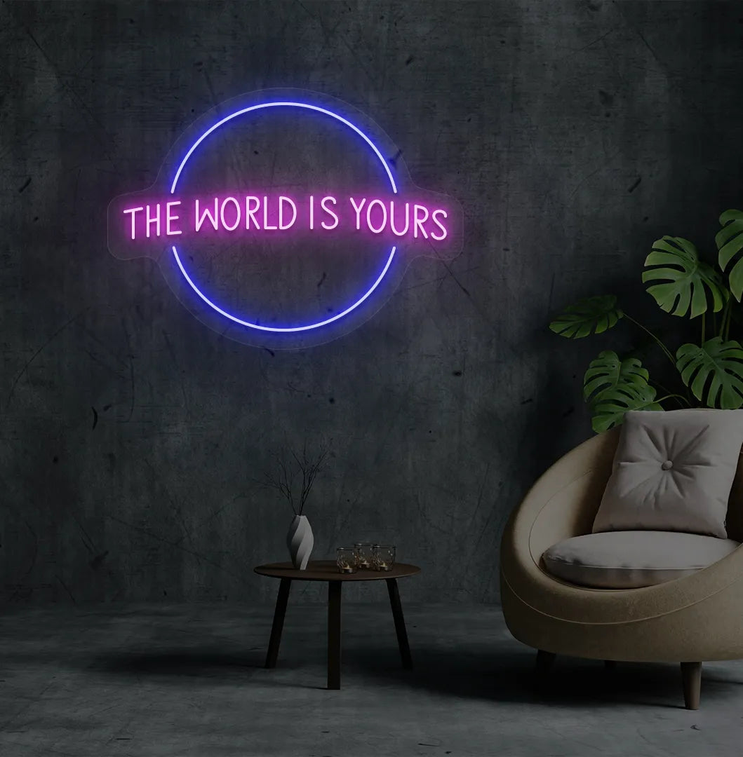Image of a stylish This World Is Yours neon sign mounted on aesthetic room wall in purple color.