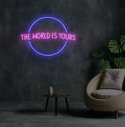 Image of a stylish This World Is Yours neon sign mounted on aesthetic room wall in purple color.