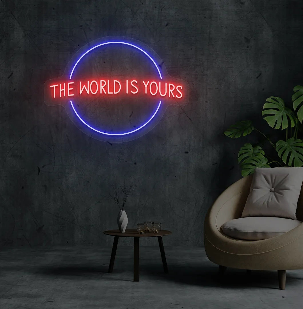 This World Is Yours neon sign mounted on aesthetic room wall in red color.