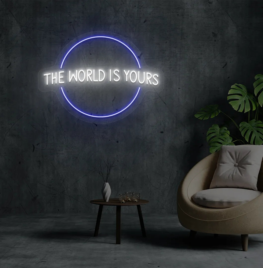 This World Is Yours neon sign mounted on aesthetic room wall in white color.