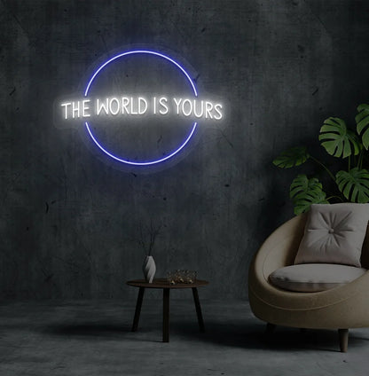 This World Is Yours neon sign mounted on aesthetic room wall in white color.