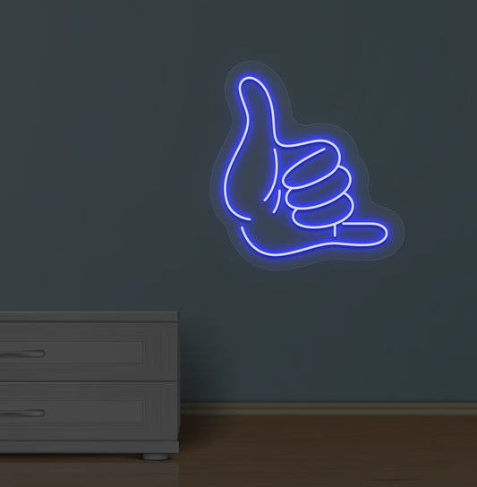 Image of a thumbs-up LED neon sign glowing on a wall in blue color.