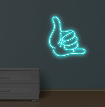 Image of a thumbs-up LED neon sign glowing on a wall in ice blue color.